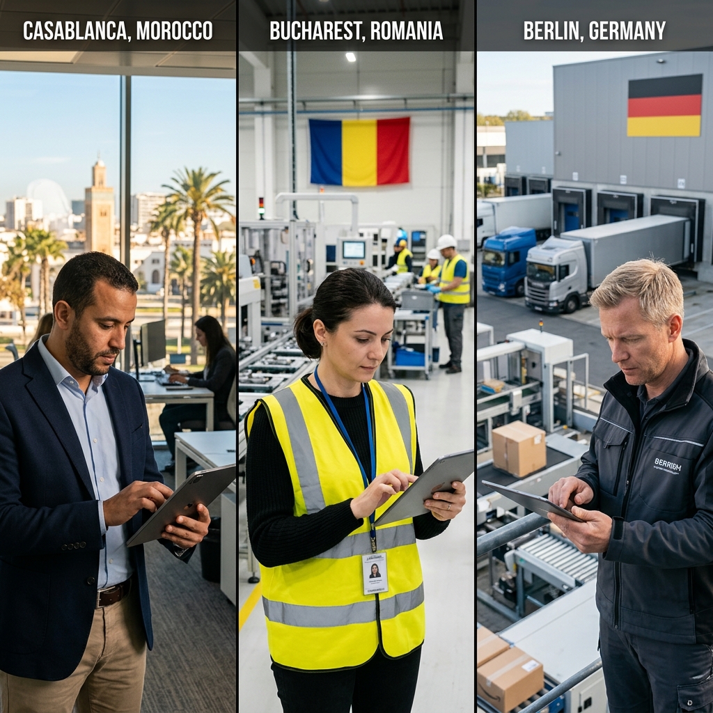 Colaborare multinațională instantanee, split-screen Maroc - București cu ingineri care colaborează prin tableta PentaIND Sync